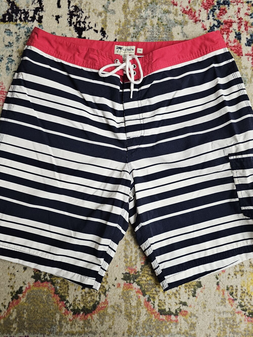 J. Crew Board Shorts Men's Size 35 x 9" Inseam Nylon Striped Trunks White Black